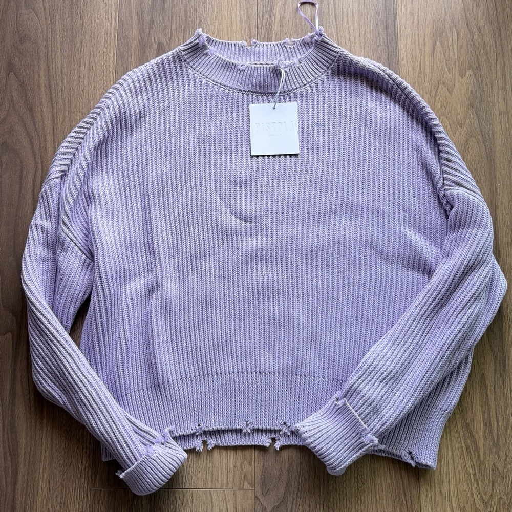 NWT Pistola Eva Crew Neck Pullover Sweater Lavender Lilac Size XS Distressed